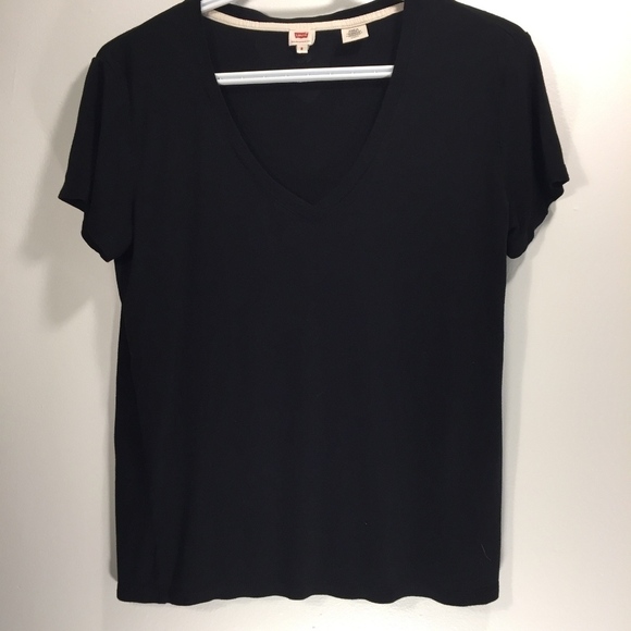 Levi's V-Neck Tee Womens Small Black T-Shirt Viscose Red Tab - Picture 1 of 6